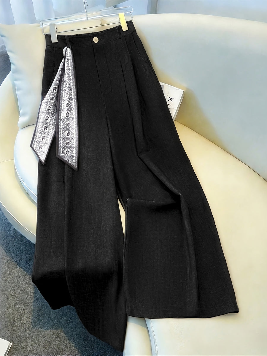 Women's Navy Blue Exquisite Pleated Wide-Leg Casual Pants with Pockets, Adorned with an Elegant Printed Trim Band, Suitable for Daily Leisure, Vacations, Formal Occasions, Birthday Gifts, Spring/Summer Wear ASD1 - Black