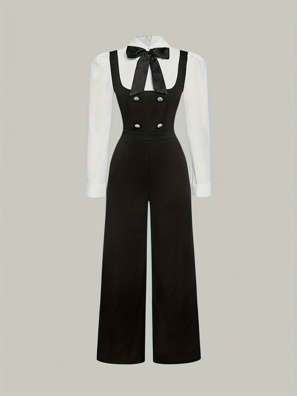 Women'S Elegant Knotted Collar Double-Breasted Loose-Fit Jumpsuit, Autumn Fashion, Preppy Style, 2-In-1 Shirt Jumpsuit, Bow Tie, Available in White And Black, Long Sleeves, Straight Leg - Black And White