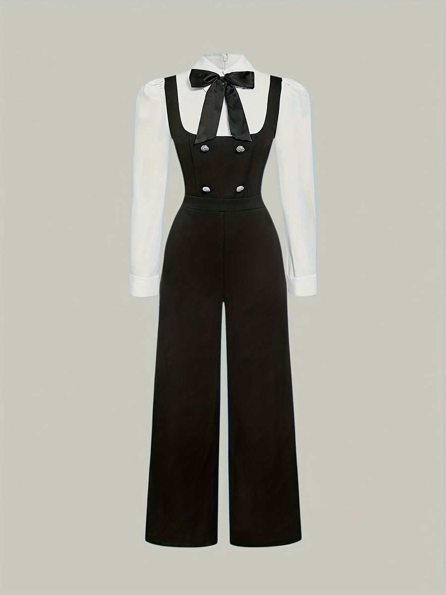 Women'S Elegant Knotted Collar Double-Breasted Loose-Fit Jumpsuit, Autumn Fashion, Preppy Style, 2-In-1 Shirt Jumpsuit, Bow Tie, Available in White And Black, Long Sleeves, Straight Leg - Black And White