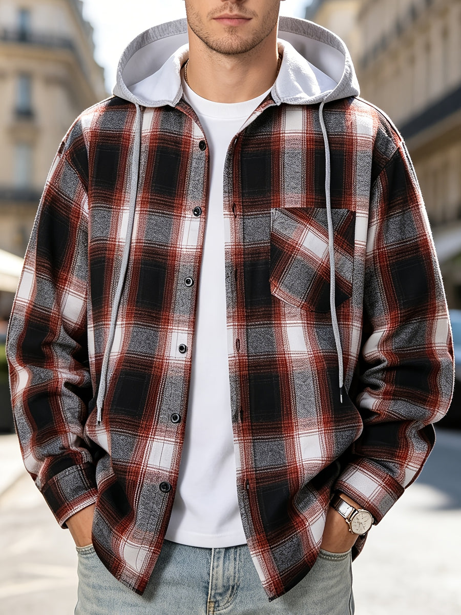 Men'S Hooded Plaid Shirt Jacket, Classic Color-Block Checkered Design, Layered And Practical, Loose Drop Shoulder Fit, Easy And Elegant Chest Pocket Detail, Suitable for Spring/Autumn Daily Commute, Casual Outings, And Dates - Black Orange Grid
