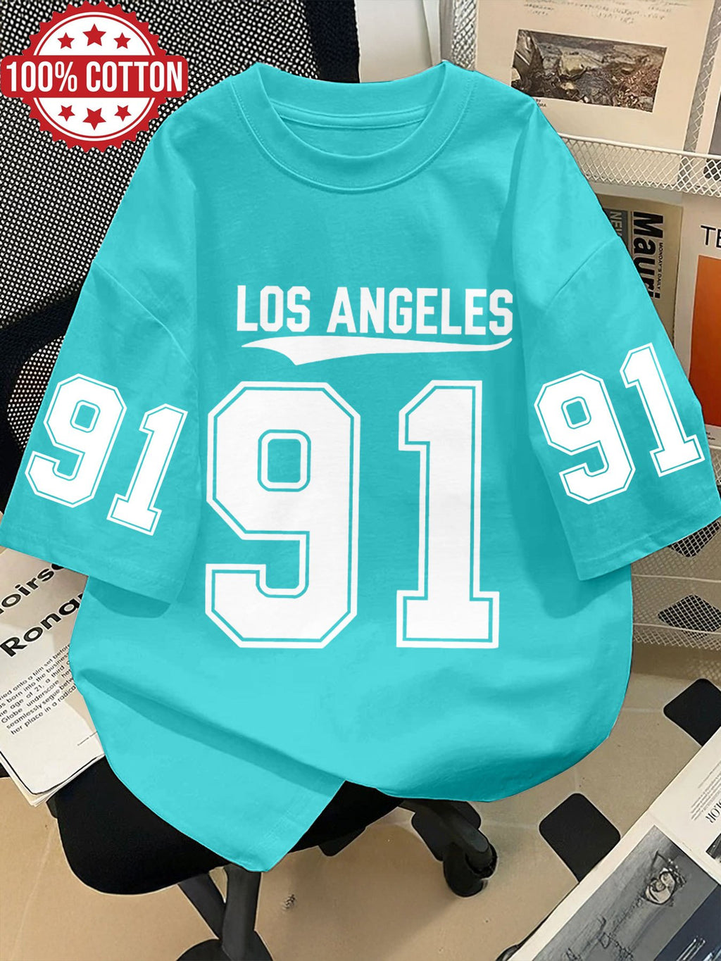 The First Two Armbands. Women's Spring/summer Y Style T-shirt Featuring Numbers, Letters, and Lines. Size 91. Fashionable, Loose-fit, Round Neck, Printed Short Sleeve, Pure Oversized Drop-shoulder T-shirt. Su K - Cyan