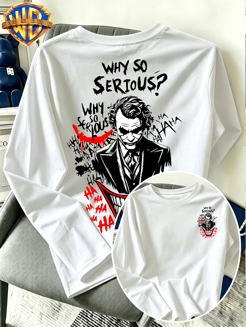 Warner Bros. Official - Men'S Pure Long Sleeve Shirt, Classic American Dark Clown Lines "Why So Serious" Print, Spring And Autumn Casual Streetwear Top, Daily Leisure Vacation Gift - White