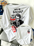 Warner Bros. Official - Men'S Pure Long Sleeve Shirt, Classic American Dark Clown Lines "Why So Serious" Print, Spring And Autumn Casual Streetwear Top, Daily Leisure Vacation Gift - White