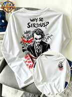 Warner Bros. Official - Men'S Pure Long Sleeve Shirt, Classic American Dark Clown Lines "Why So Serious" Print, Spring And Autumn Casual Streetwear Top, Daily Leisure Vacation Gift - White