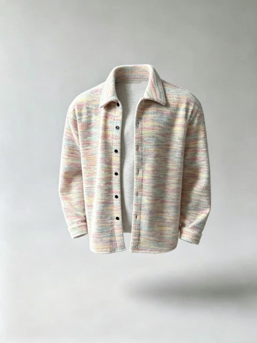 Men's Gradient Color Striped Knit Button Shirt Jacket, Lapel Collar Loose Casual Cardigan Long Sleeve Outerwear for Spring Autumn Daily Wear - Colorful