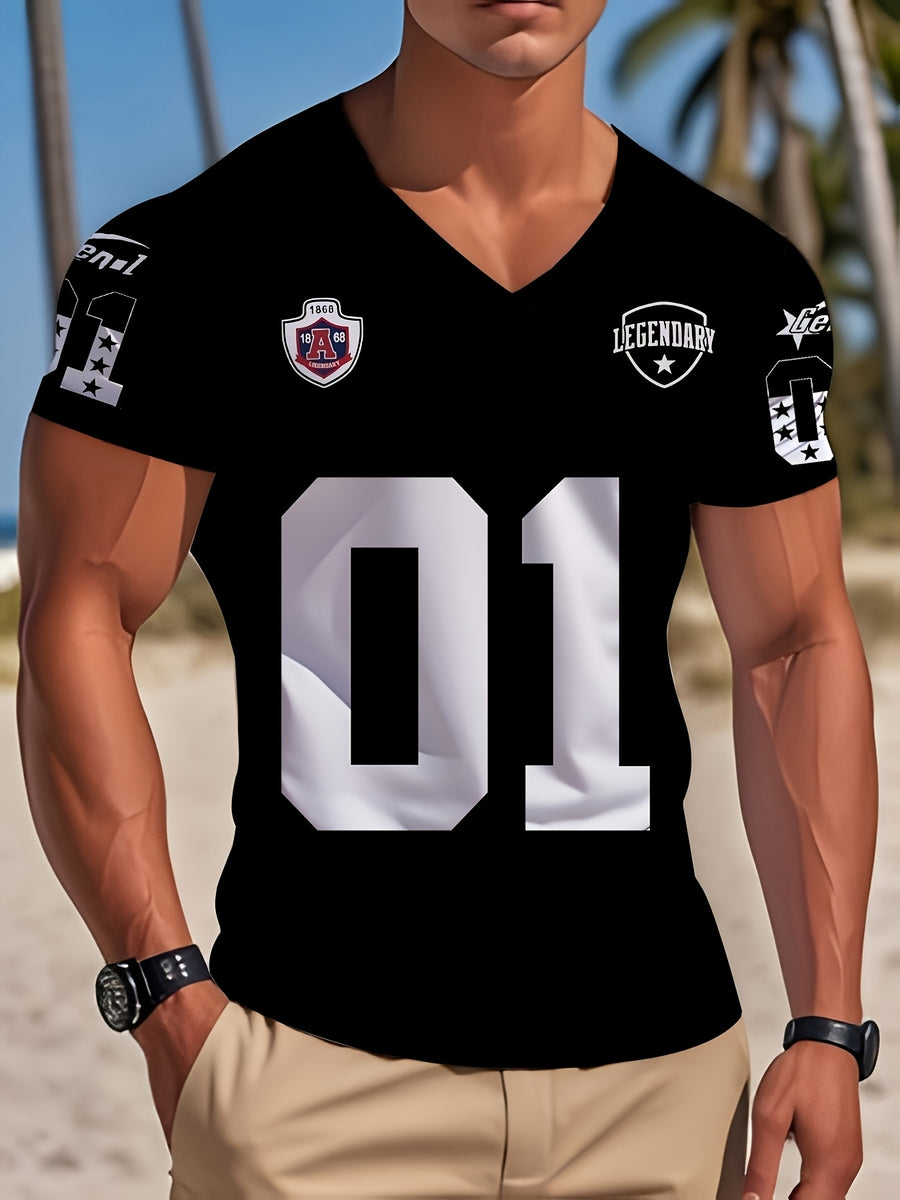 Men'S Summer Sports Casual Quick-Dry Breathable Stretch V-Neck Short Sleeve T-Shirt with Printed Design - Non-Textured - Black