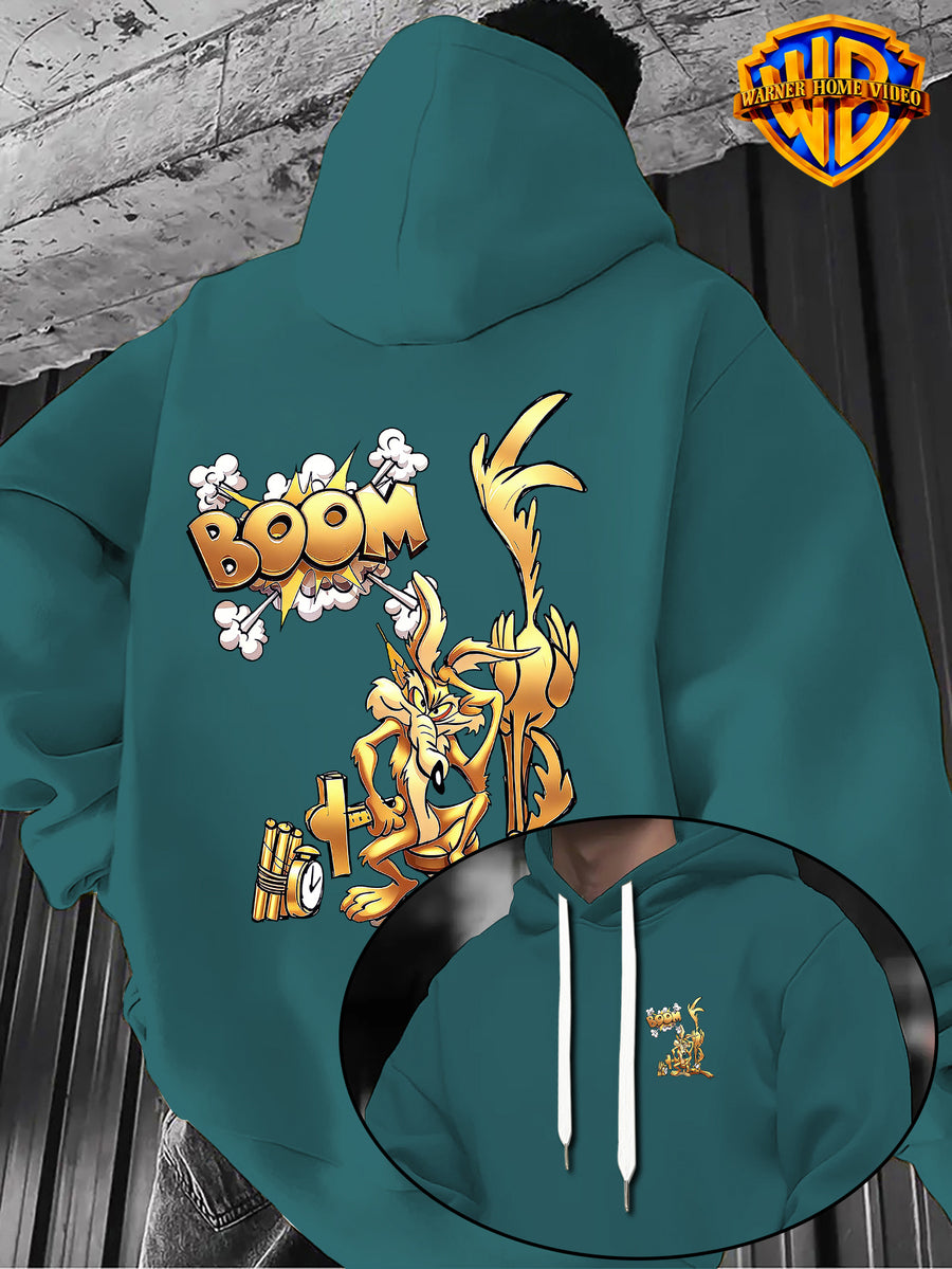 Warner Bros Official 1pc, Vintage Monochrome Gilded Original Art BOOM Exploding Crooked Heart Wolf Cartoon Streetwear Hoodie - Men's Fashion Hoodie, Double-Sided Front and Back Print, Adjustable Drawstring Loose and Comfortable Sweatshirt - Green