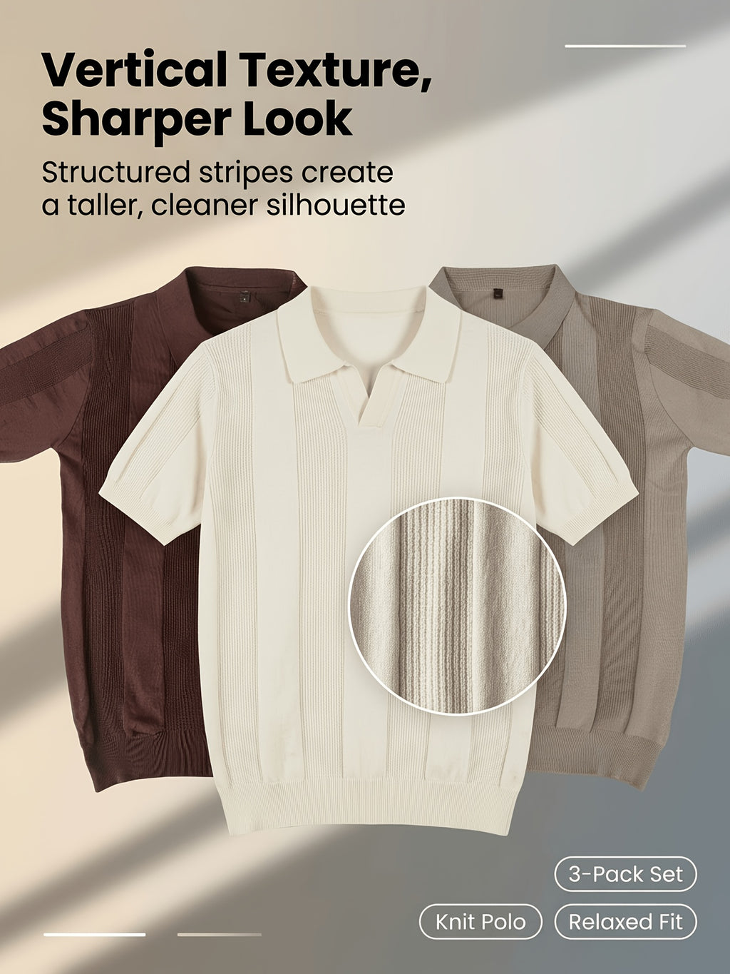 Men'S 3pcs Old Money Johnny Collar Vertical Textured Knit Polo Shirts, Breathable Casual Short Sleeve Tops, Multi-Color Set for Business Golf Vacation Summer Wear - White-Brown-Khaki