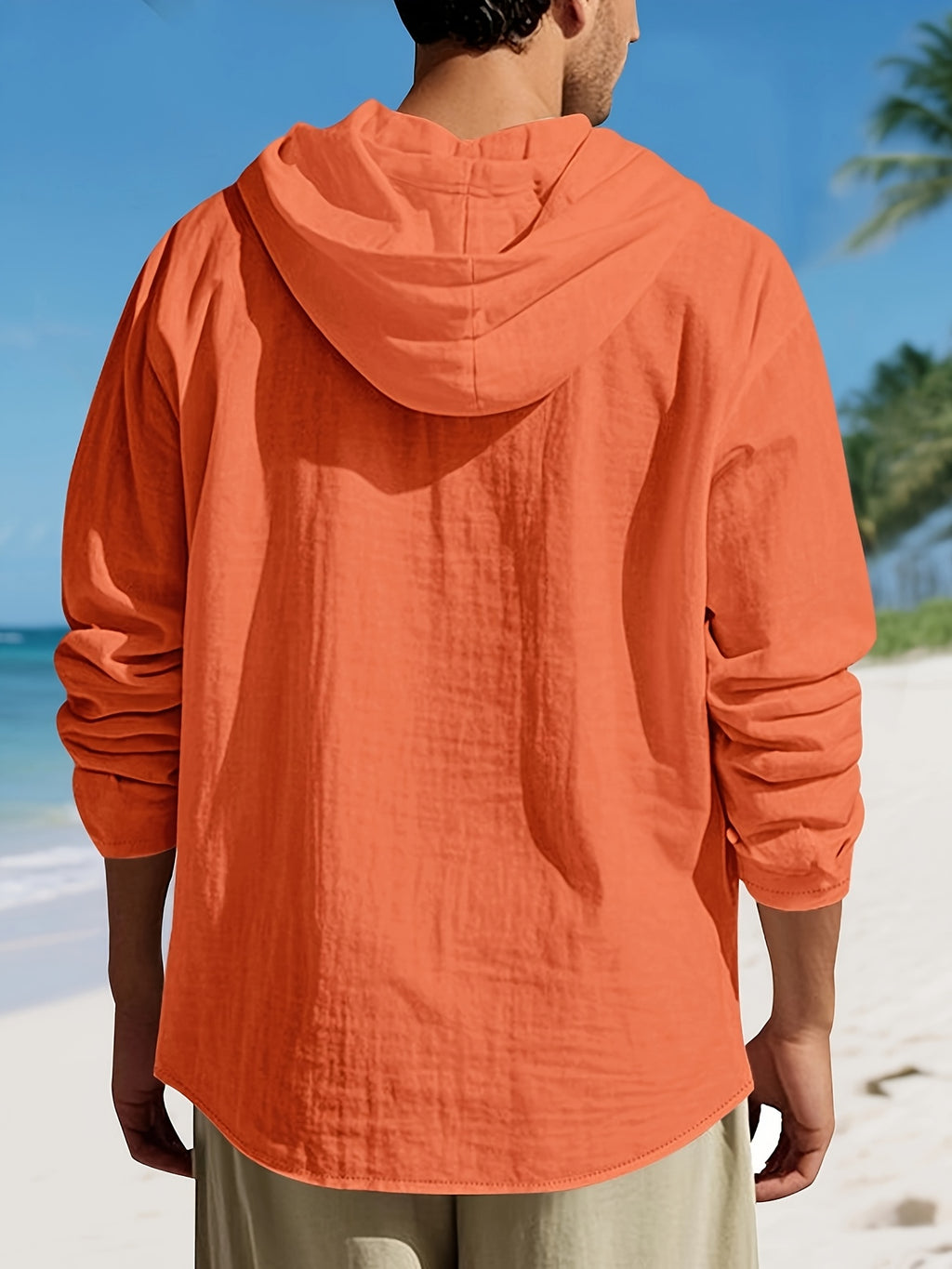 Men'S Casual Linen Hooded Shirt, Lightweight Breathable Fabric, Relaxed Fit Long Sleeve Design, Button Front Closure, Adjustable Drawstring Hood, Comfortable Pullover Style for Beach Vacations, Resort Travel, Yacht Trips, Camping, Outdoor Activities - Orange