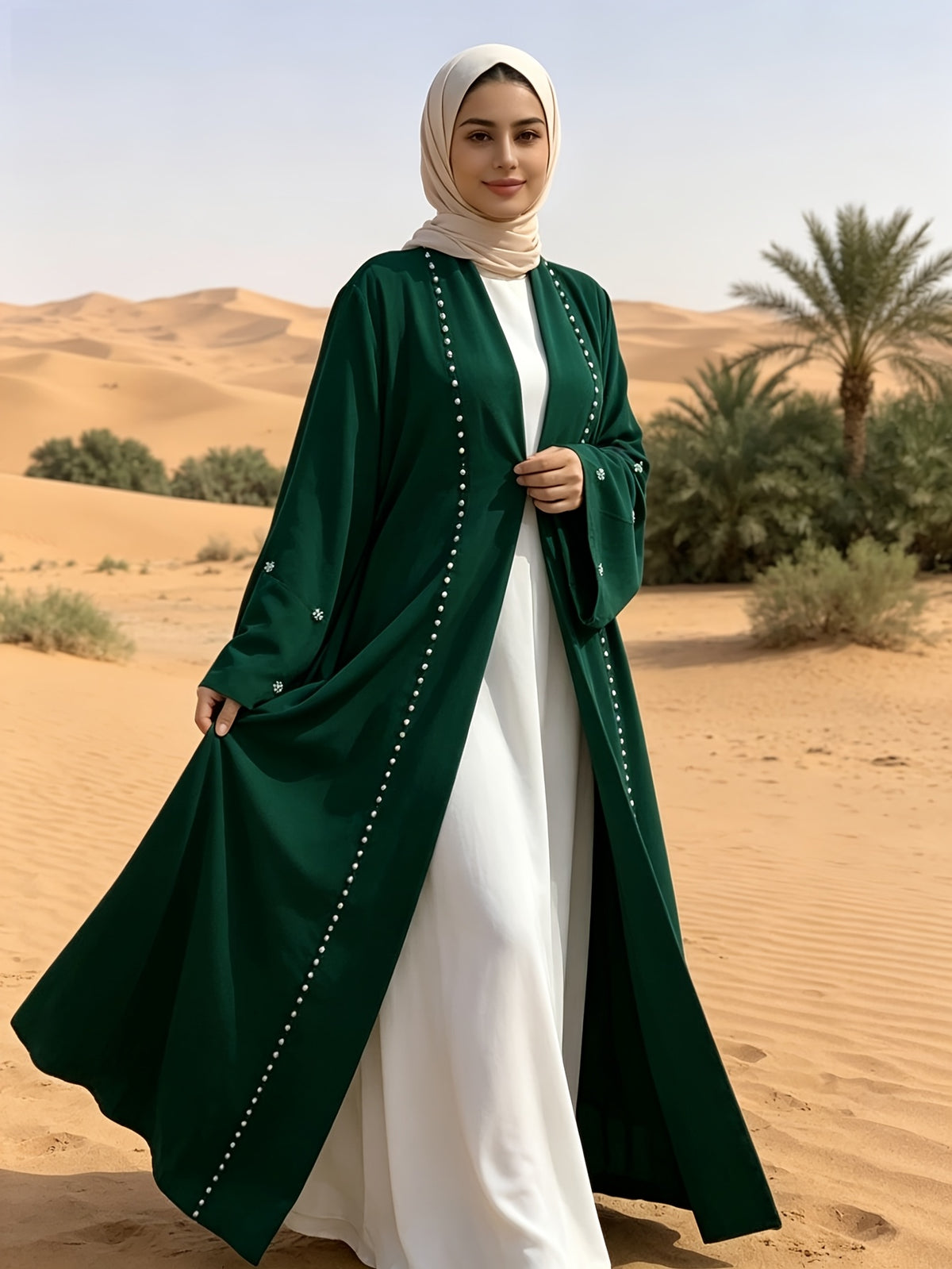1pc Fashionable, Elegant And Casual, This Pearl-Studded Solid-Colored Abaya Cardigan Is Perfect for Everyday Wear. It Is Loose And Comfortable for Women. Muslim Women Clothes Abayas for Women Muslim Long Frocks for Women Jebba Tunisienne Femme - Dark Green
