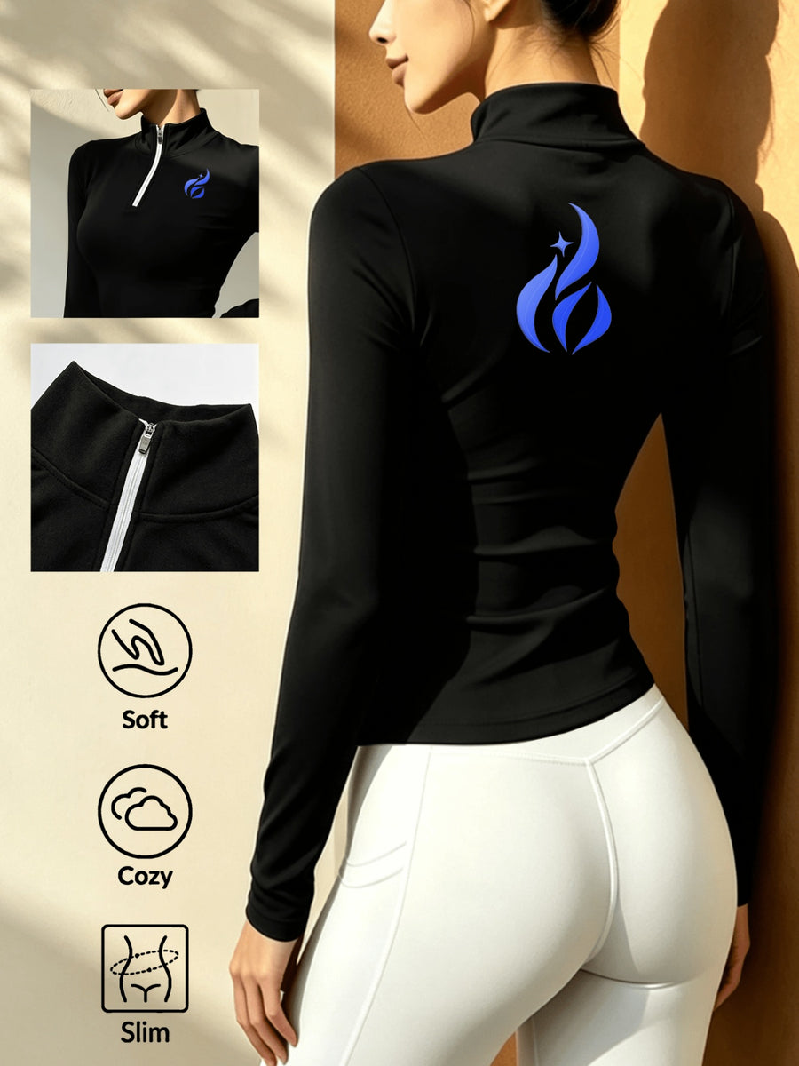 Autumn Winter Women'S Solid Color Semi-High Neck Long Sleeve Base Layer, Half-Zip Tight Top, Outdoor Warm Layering Top - Black