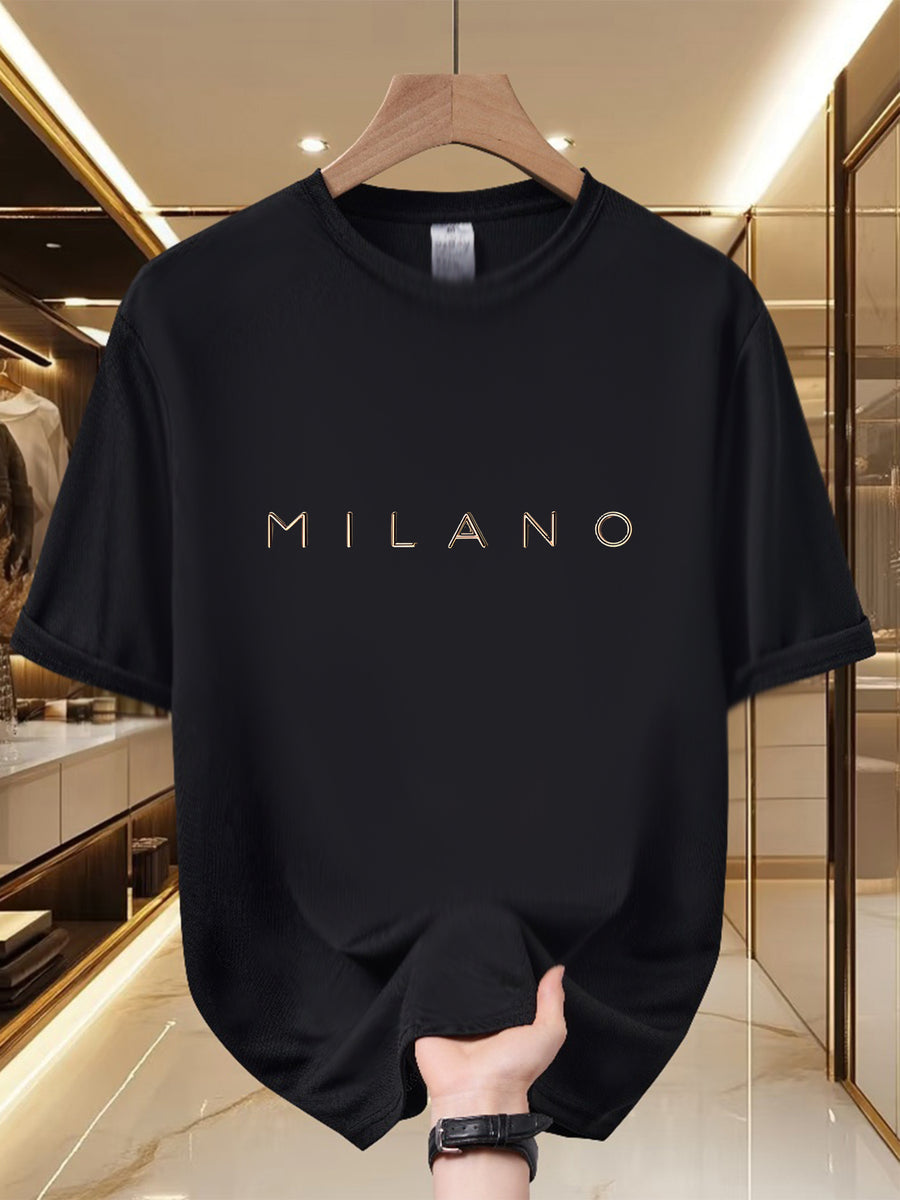 Men's Milano Luxe Logo T-Shirt - Lightweight 100% Polyester Crew Neck Short Sleeve Summer Top with Iconic Milano Print, Casual Streetwear Tee Suitable for Urban Fashion, Machine Washable Regular Fit for & -the- Style - Black