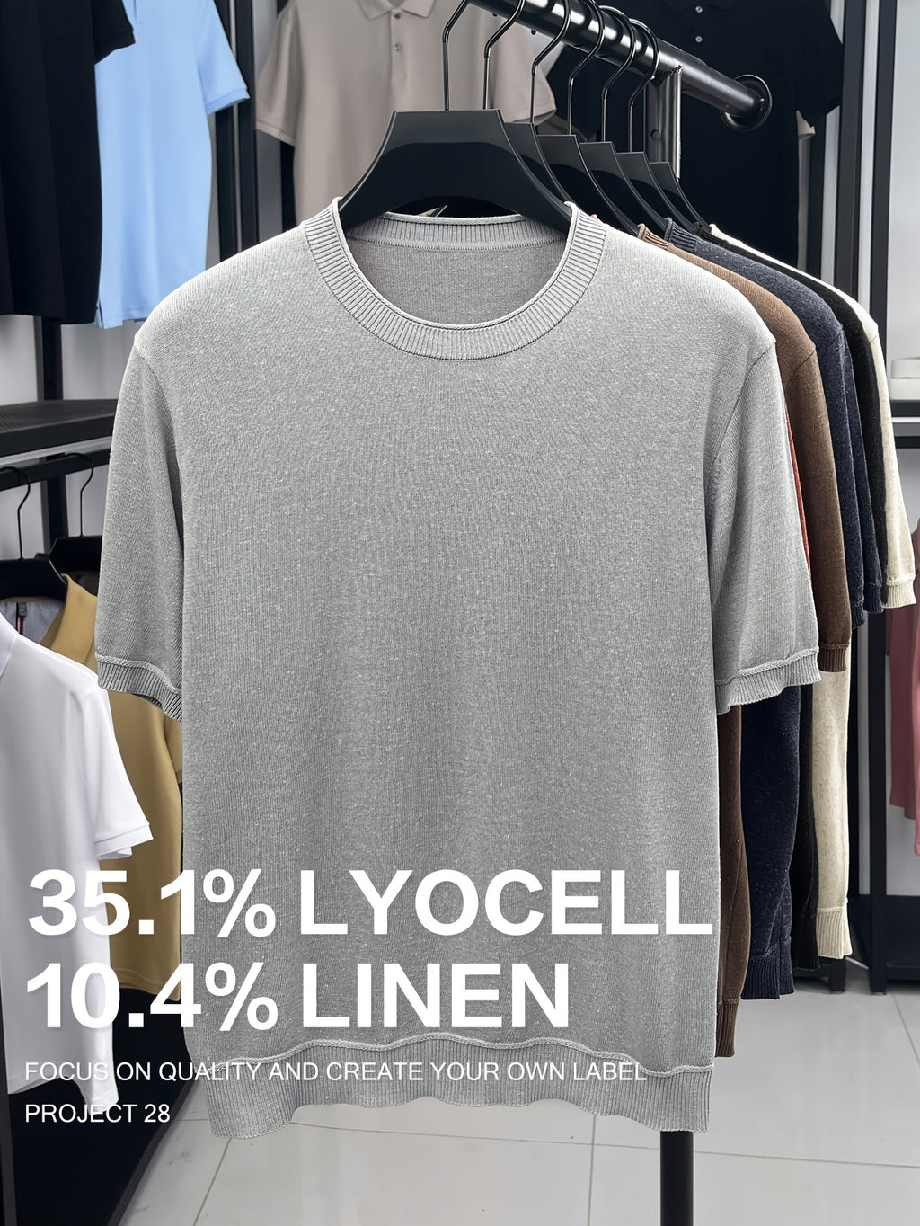 35.1% Lyocell And 10.4% Linen High-Quality Light Luxury Men'S Short Sleeve Round Neck Pullover Knit T-Shirt Fashion Casual Suitable for Outdoor Sports Golf Base Layer Floral Yarn Knit Fabric Collar Rolled Edge Craft Easy Commute Light Business Style - Advanced Gray