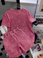 Summer Trendy Fashion Distressed Washed Short Sleeve Shorts with Drawstring Women'S Set NEW YORK City Letter Print American College Style (Varsity), New York Landmark Theme, Retro Style Comfortable for Hot Weather, Classic Silhouette for Styling - Red