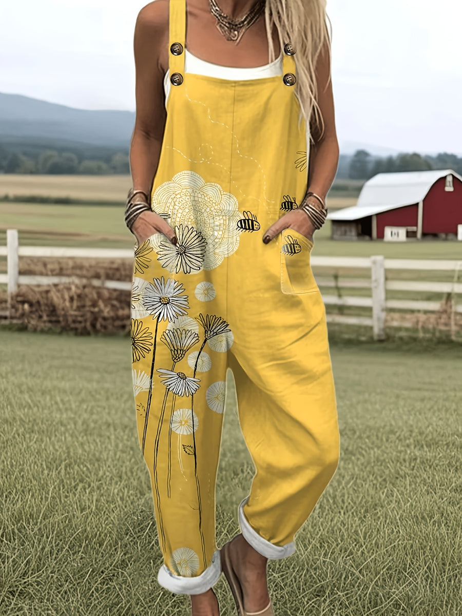 Women'S Fashion Design All-Match Home Jumpsuit Adjustable Length Overalls - Little Bee Floral A77 - orange yellow