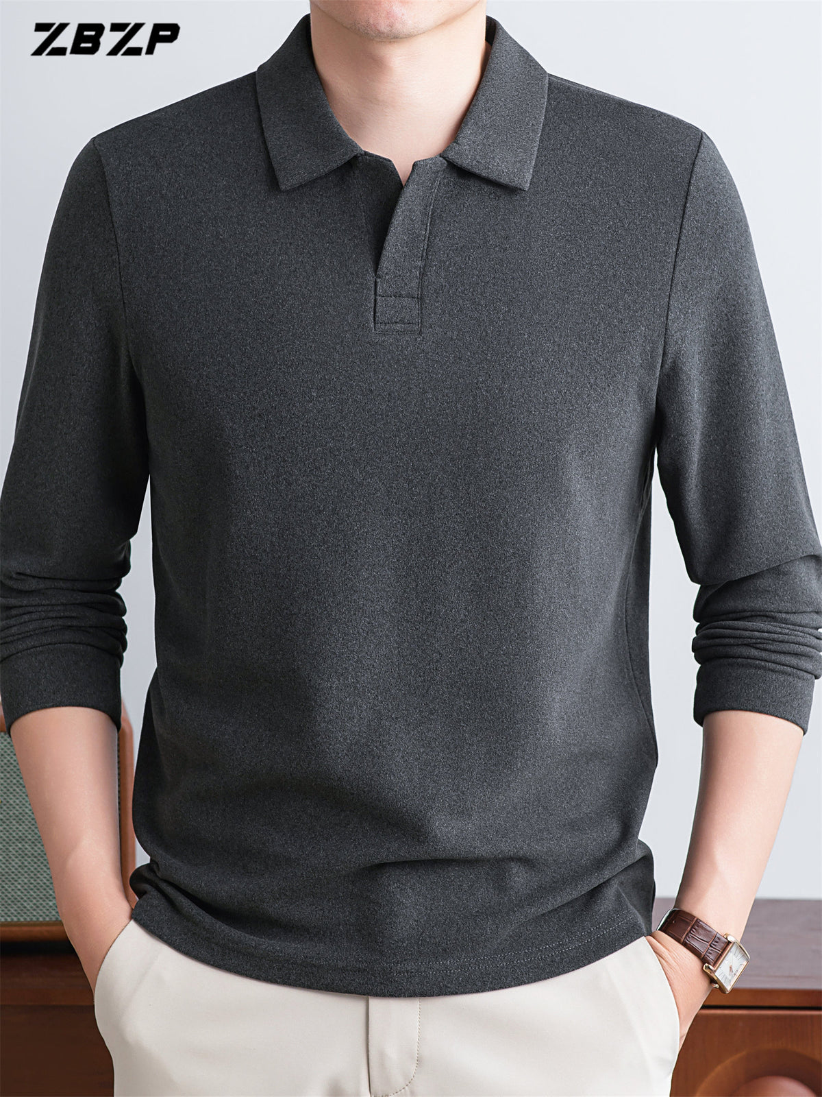 ZBZP New Spring, Autumn, Winter F-Collar Fashion Long-Sleeve Pullover T-Shirt for Young Men, Loose Fit Casual Long-Sleeve Top, Men's Clothing XFN - Dark Gray