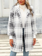 Plaid Faux Hooded Cardigan Jacket - Light Grey