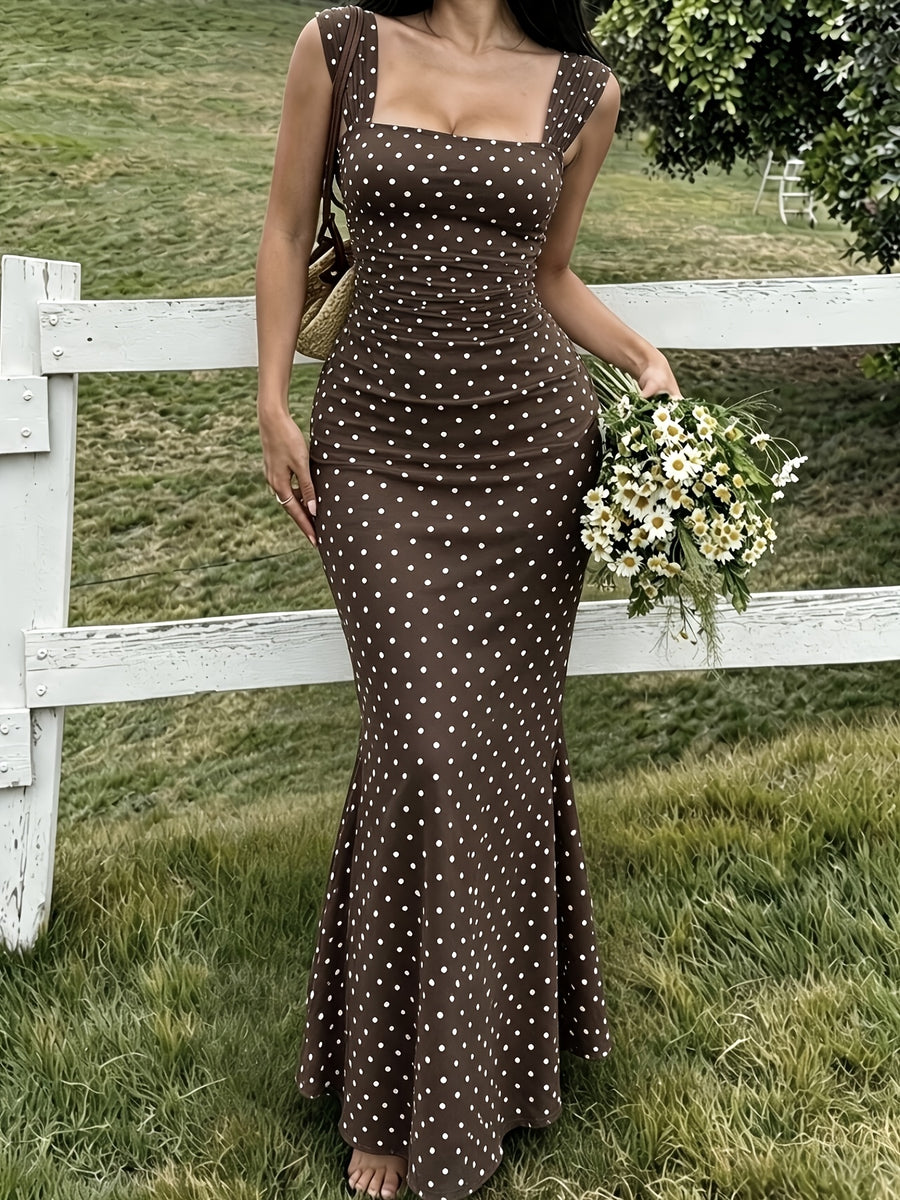Elegant Women's Polka-dot Printed Maxi Dress with a Square Neckline, Body-hugging Mermaid Hem, and Thigh-high Slit Design - Dark Brown