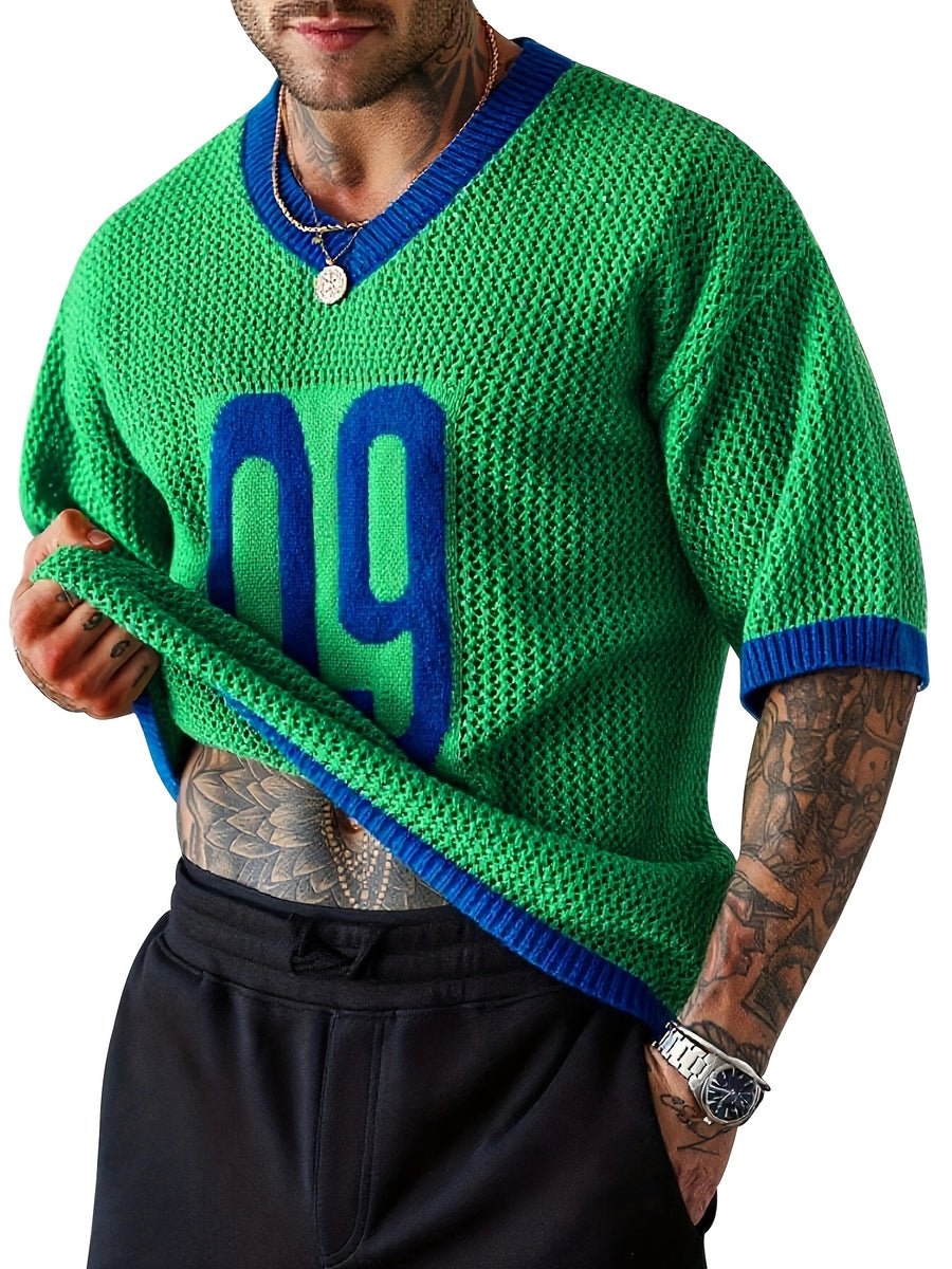 Spring Summer New Men'S Short Sleeve Hollow Loose Knit Pullover Top V-Neck Pullover Casual Outdoor Top - Green