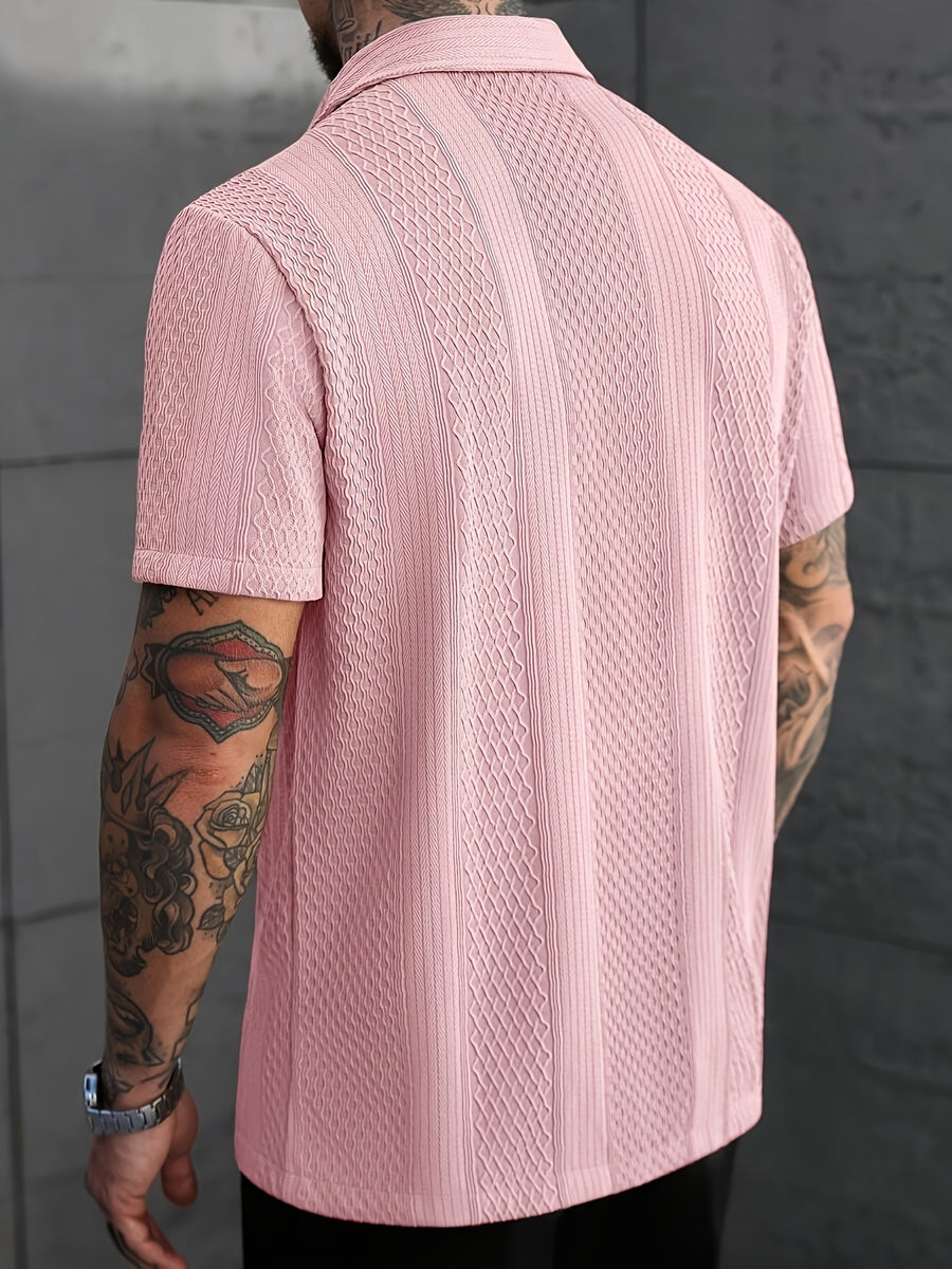 Men'S Solid Color Knitted Short Sleeve Shirt - Pink Color