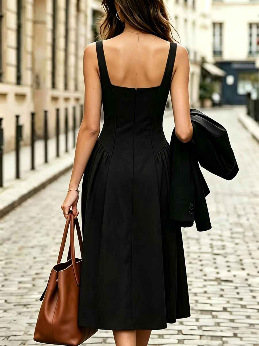 Fashionable Women's Sleeveless Puff-Style Solid Color Dress (Accessories Not Included) - New Spring/Summer Women's Clothing, Most Popular Korean Women's Apparel, Casual and Elegant Women's Dresses, Hot-Look Outfits, Women's Dresses, Women's Summer - Black