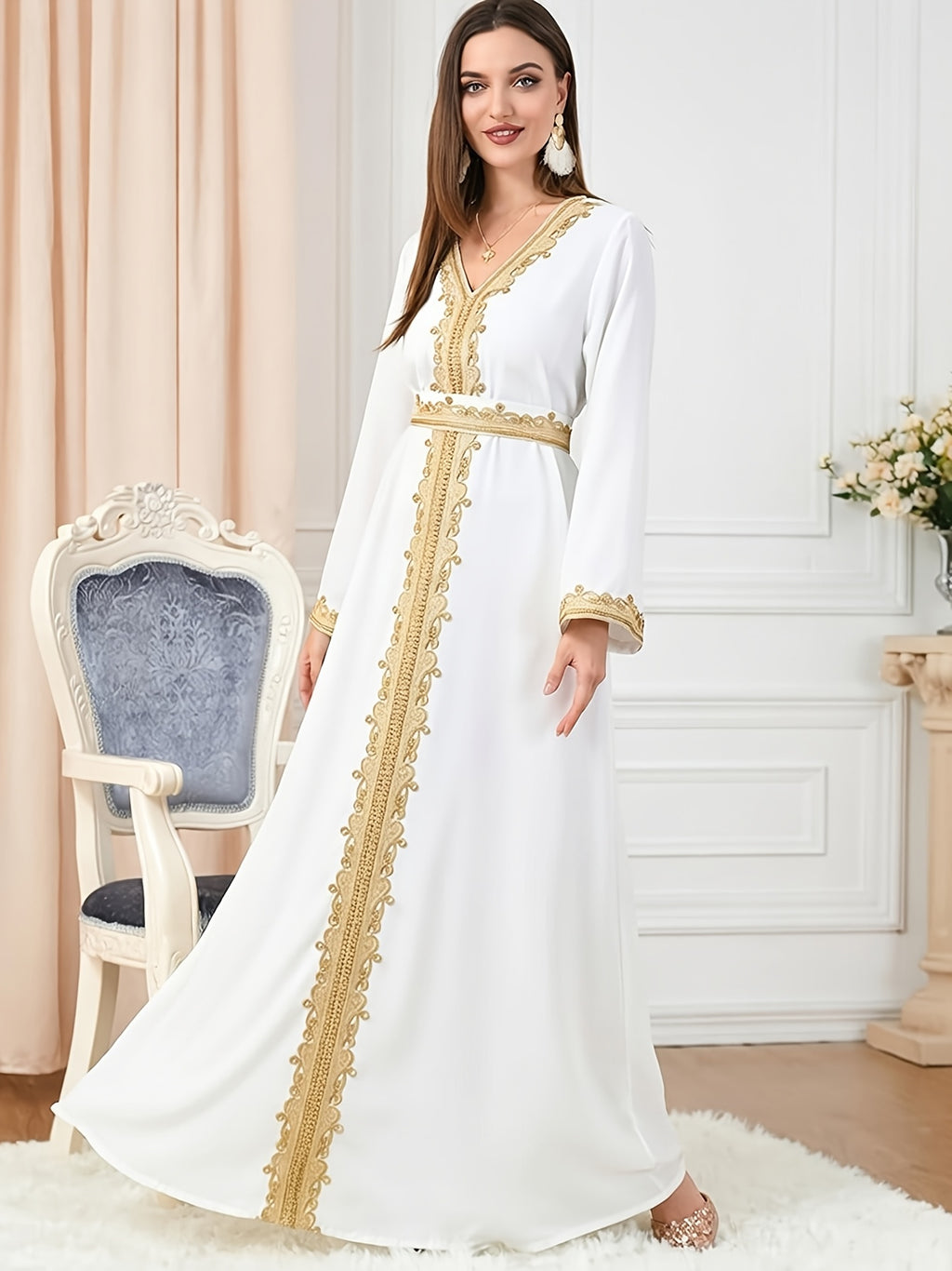 1pc Women's Elegant Kaftan Dress Golden Embroidery V-Neck Long Sleeve Abaya Maxi Dress Luxury Evening Party Gown with Belt White Embroidery Abaya Dress Women's V-Neck Long Sleeve Maxi Kaftan Luxury Contrast Golden Trim Party Gown - White