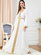 1pc Women's Elegant Kaftan Dress Golden Embroidery V-Neck Long Sleeve Abaya Maxi Dress Luxury Evening Party Gown with Belt White Embroidery Abaya Dress Women's V-Neck Long Sleeve Maxi Kaftan Luxury Contrast Golden Trim Party Gown - White