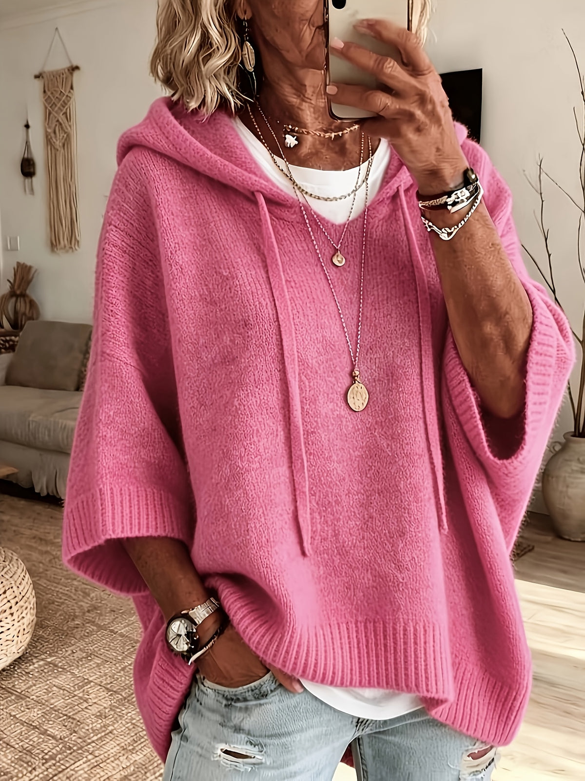 Women's Casual Hooded Drawstring Top Loose Off-Shoulder Wide 3/4 Sleeve Soft Sweatshirt Oversized Body-Covering Batwing Sleeve Pullover Ribbed Hem Solid Color Slouchy Hoodie - Pink Color