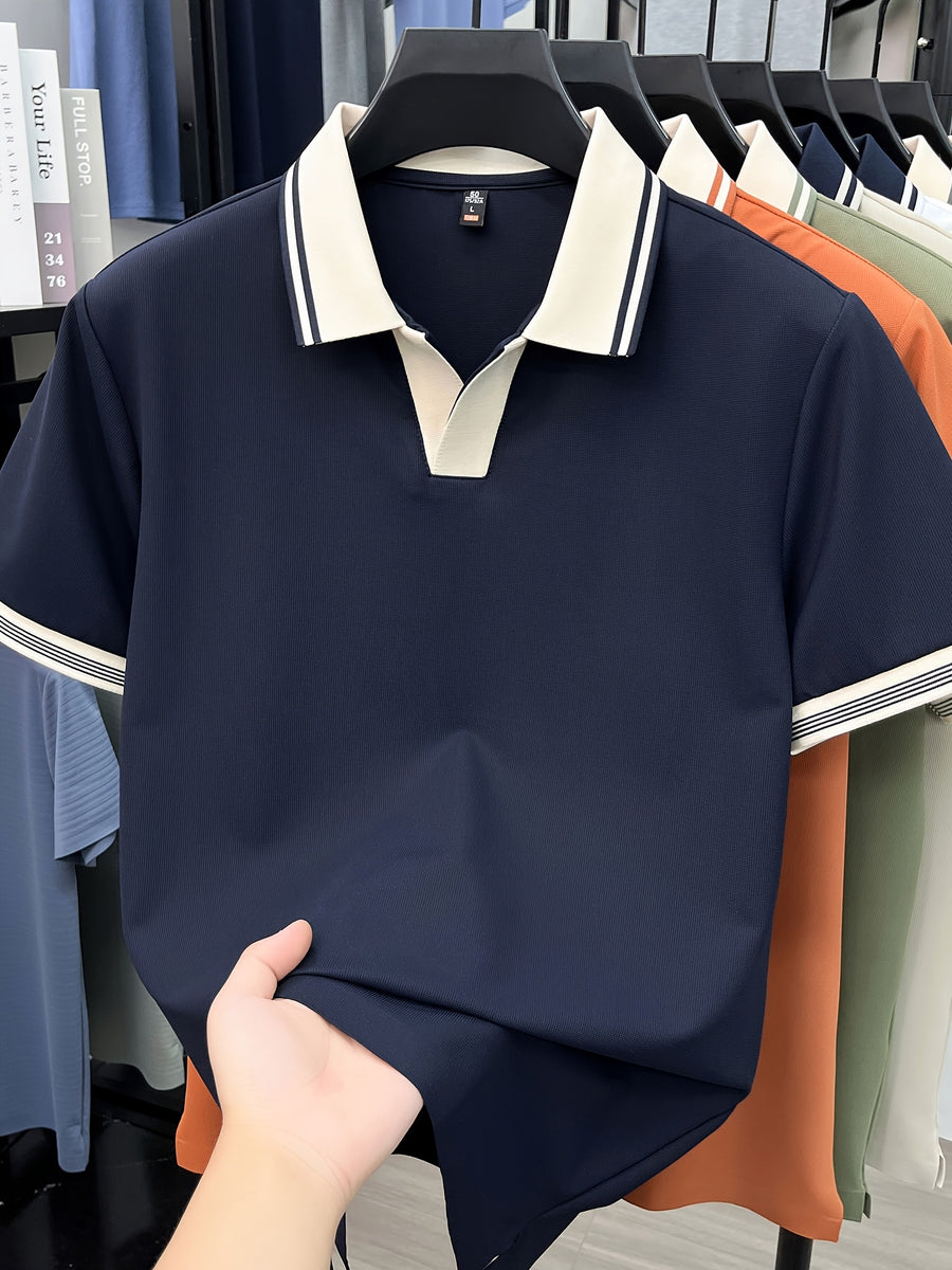 [Shule Water OBM] Summer Men'S Short Sleeve T-Shirt, Contrast Striped Cool Business Casual Versatile Top, Mid-Age Men'S Short Sleeve Collared Polo Shirt (72616) - created-sapphire