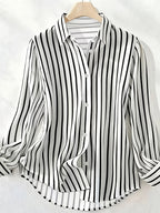Spring/Autumn New Elegant Striped Long-Sleeve Women's Shirt, Single-Breasted Button-Front Blouse, Machine Washable, Suitable for Office, Commuting, or Formal Events, Office Attire, Sophisticated Casual - Black And White Stripes