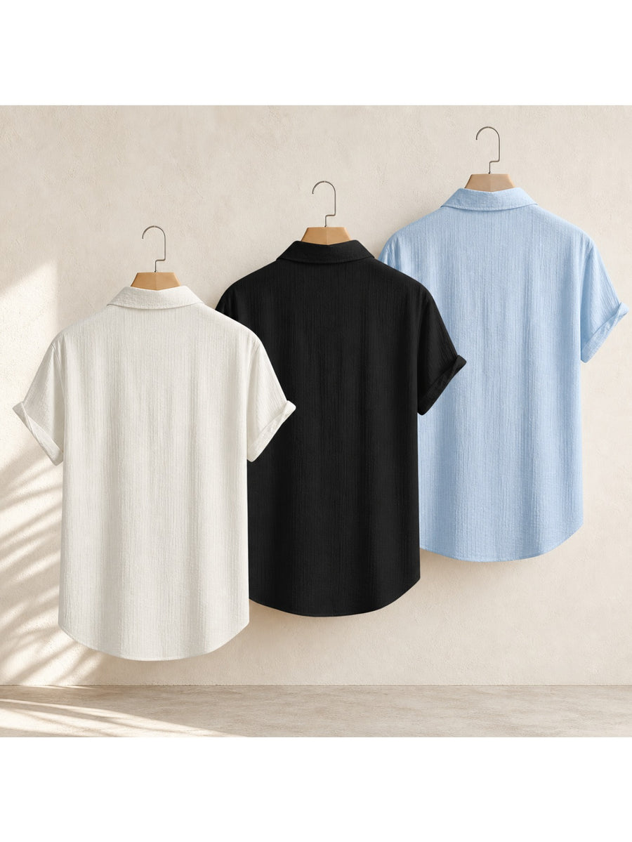 Men's Casual Shirt, 3pcs Set, Loose and Elegant, Comfortable Fabric, Suitable for Vacation, Camping, and Beach Party Outfits - Ivory White/Black/Sky Blue