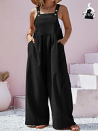 Plus Size - Spring Summer Women'S Plus Size Solid Color Button Bib Jumpsuit - Comfortable Casual Homewear (Front Length with Straps, Measure After Fastening Last Button) - Black