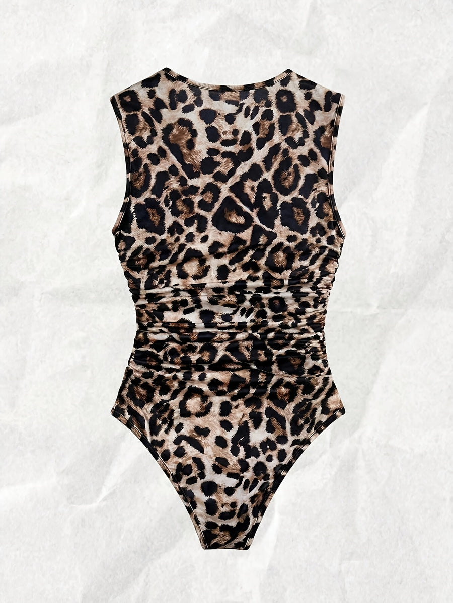 Women's Leopard Print Slim-Fit Bodysuit, Sexy Sleeveless Round Neck Waist-Cinching Top - Leopard Print