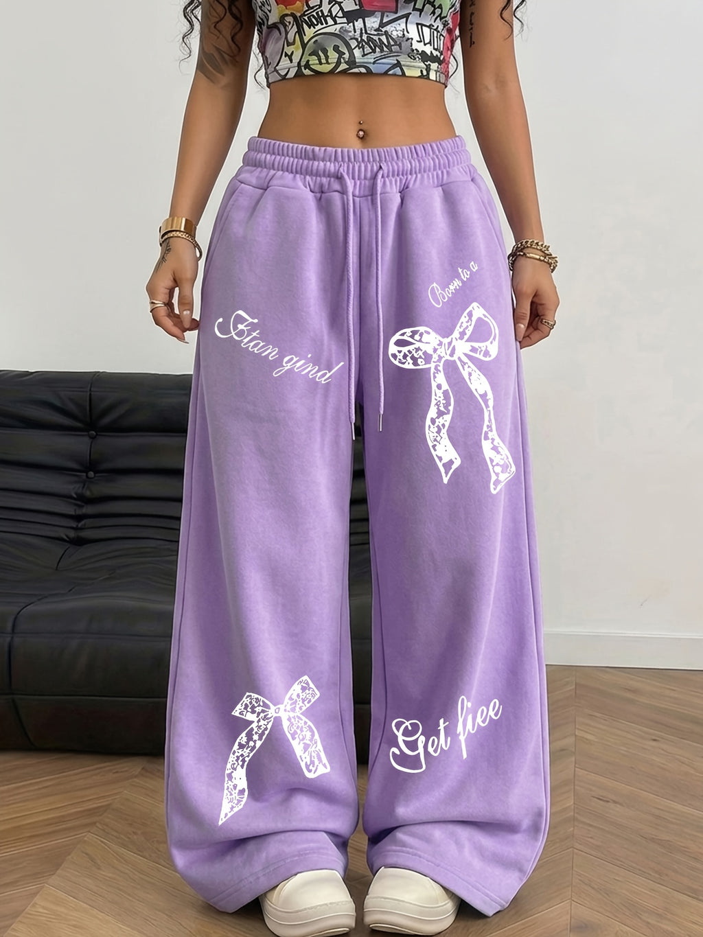 Sweet and Cool Bow Print with Letter Pattern, Women's Casual Y Straight-Leg Pants, Elastic Waist with Drawstring Wide-Leg Long Pants, All-Season Women's Trousers - Purple