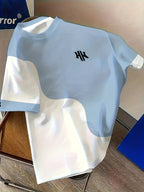 Printed Design – Not Textured/Embroidery/Sequins/Flat Print, No Accessories/White Slightly Sheer Fresh Japanese-Style Men's Clothing Light Blue and Irregular Wave Patchwork Chest Print Small Logo Trendy Short-Sleeve T-Shirt - Mixed colors