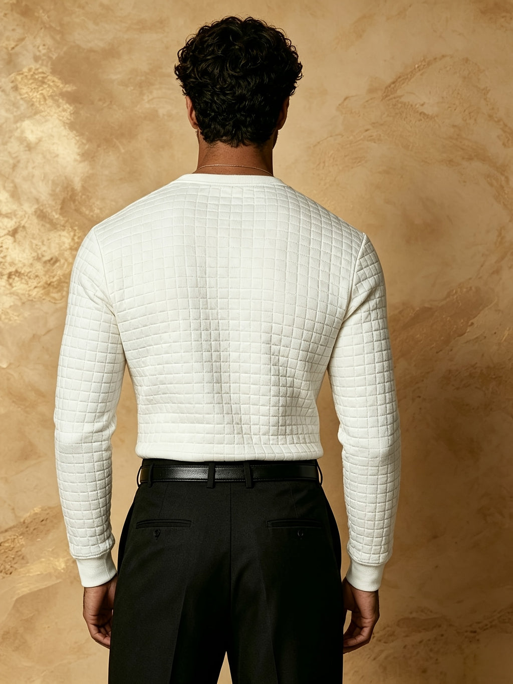 Early Autumn New Men'S Textured Plaid Patchwork Henley Long Sleeve Shirt, 7-Button Casual Collar Soft Long Sleeve T-Shirt, Mature And Atmospheric Regular Fit, Golf And City Outing Wear - White