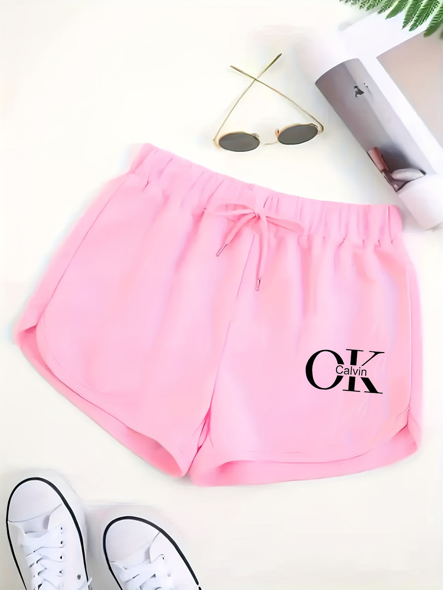 Women's Shorts with "OK" Letter Pattern, Fashionable Casual Shorts - Pink