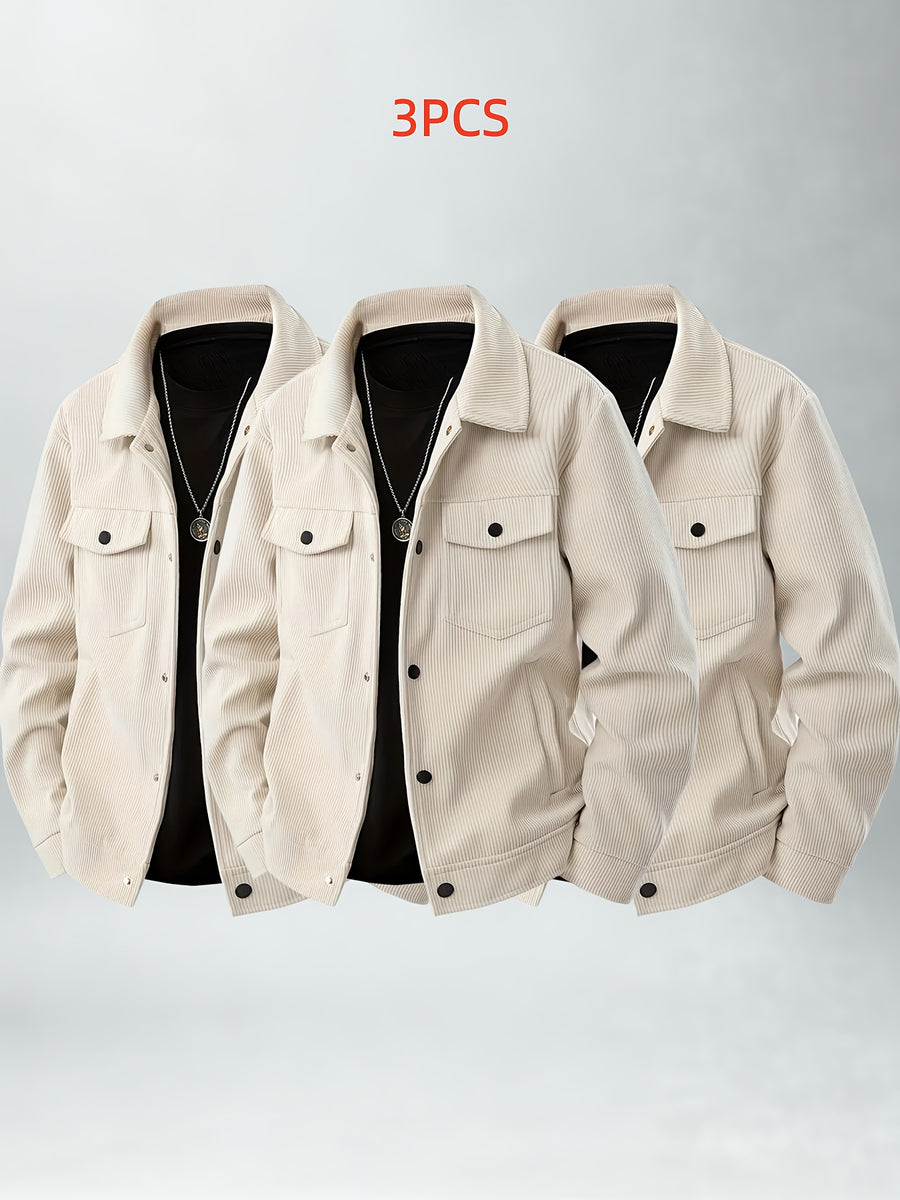Casual Corduroy Work Jacket 3pcs Set Youth Daily Outing Lapel Top - Apricot
