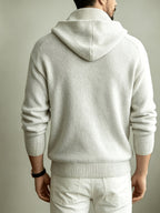 Autumn/Winter Men's 2-in-1 Look Hooded Knit Sweater, Half-Zip High Neck Design with Overlay Button Placket, Fine, Soft, and Skin-Friendly Fabric, Regular Fit for Slimming and Concealing. A Versatile Top for Casual and Daily Commutes, a Warm - White Flower Gray