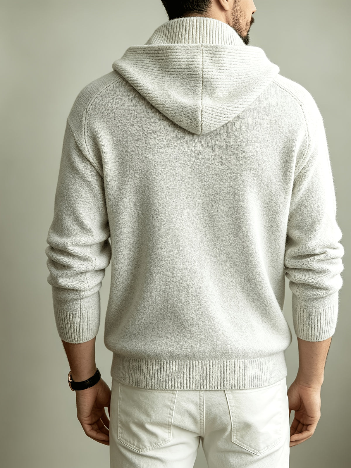 Autumn/Winter Men's 2-in-1 Look Hooded Knit Sweater, Half-Zip High Neck Design with Overlay Button Placket, Fine, Soft, and Skin-Friendly Fabric, Regular Fit for Slimming and Concealing. A Versatile Top for Casual and Daily Commutes, a Warm - White Flower Gray