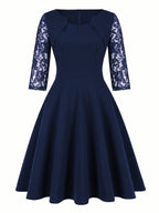 Women'S Fashion Vintage Square Neck Floral Lace Party Swing Dress - Navy Color