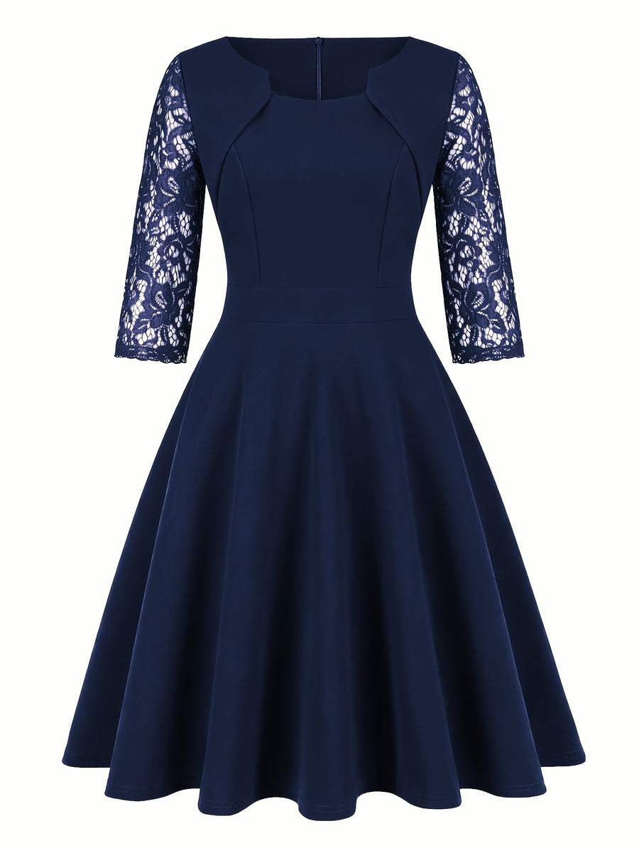Women'S Fashion Vintage Square Neck Floral Lace Party Swing Dress - Navy Color