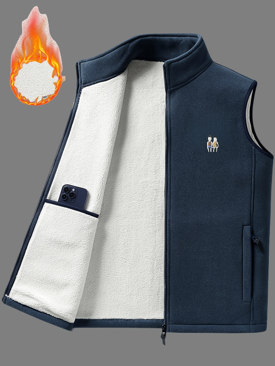 Men's Autumn Winter Casual Fleece-Lined Vest, Thickened Faux Blend Fleece Stand Collar Cardigan Vest for Outdoor and Home Wear, Warm Sleeveless Jacket Vest - Dark Blue-2368