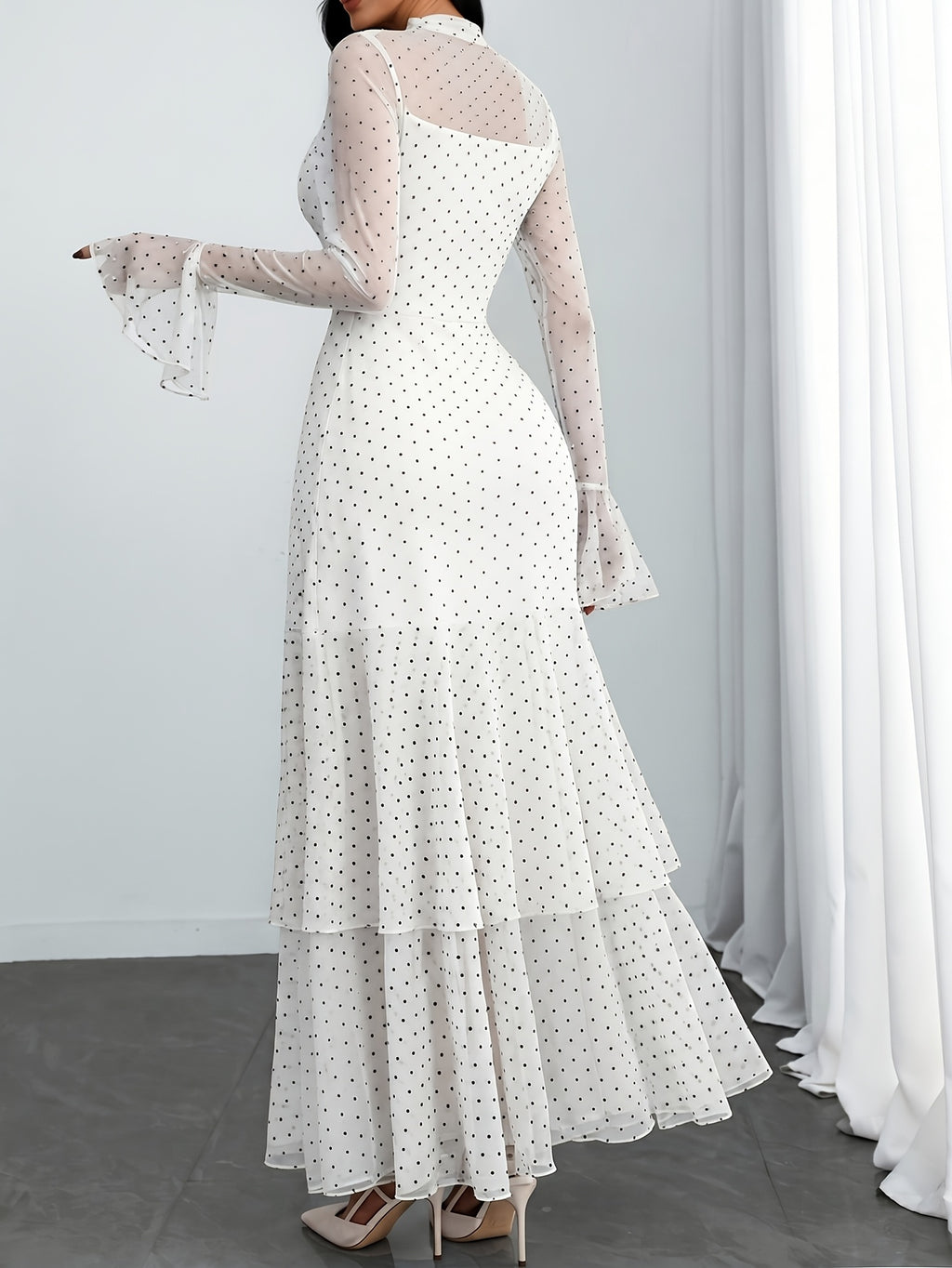 Women'S Romantic Sexy Elegant Modern Polka Dot Printed Stand Collar, Waist Double Slit Multi-Layered Skirt Dress, Suitable for Dates, Vacations, And Casual Wear, Belt Not Included - White