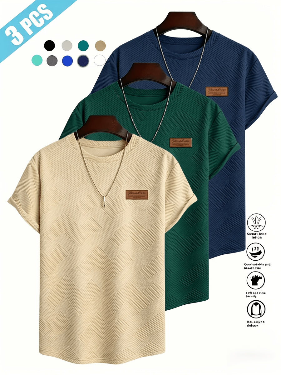 [Villa Le Water OBM] 3pcs Set Men'S Summer Fashion Round Neck T-Shirt, 3D Geometric Pattern Men'S Top, Comfortable And Versatile Short Sleeve, Suitable for Outdoor Street, Daily Casual, Outdoor Sports - Apricot + Dark Green + Tibetan Blue