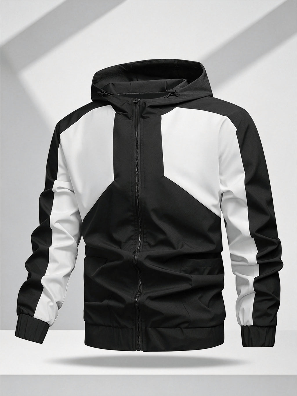 Men's Color Block Patchwork Hooded Sport Jacket with Adjustable Drawstring Hood and Zipper, Versatile Casual Jacket for Campus, Commuting, Hiking, Jogging, and Daily Wear - 25016 - Black