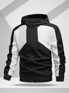 Men's Color Block Patchwork Hooded Sport Jacket with Adjustable Drawstring Hood and Zipper, Versatile Casual Jacket for Campus, Commuting, Hiking, Jogging, and Daily Wear - 25016 - Black