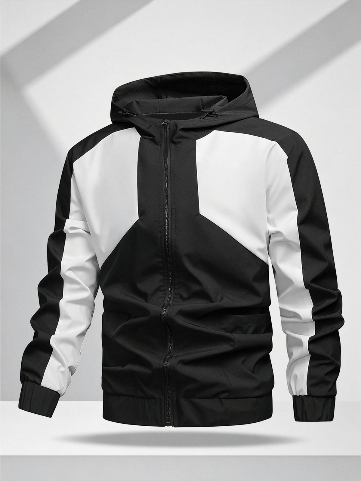 Men's Color Block Patchwork Hooded Sport Jacket with Adjustable Drawstring Hood and Zipper, Versatile Casual Jacket for Campus, Commuting, Hiking, Jogging, and Daily Wear - 25016 - Black