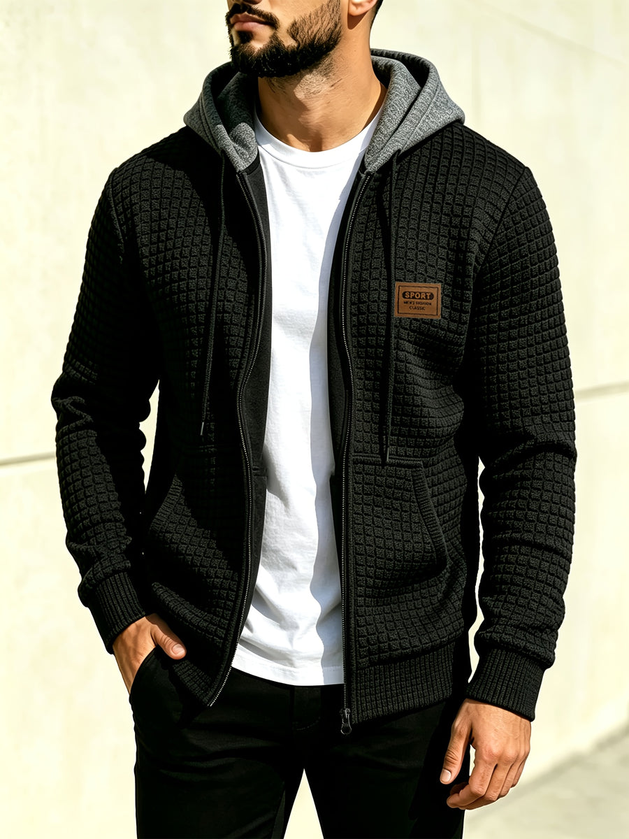 Men'S Hooded Knit Cardigan, Small Checkered Jacquard Zipper Hoodie, Knit Hooded Sweater, Comfortable And Warm, Essential for Autumn And Winter Outdoors, Suitable for Outings And Daily Home Wear - Black