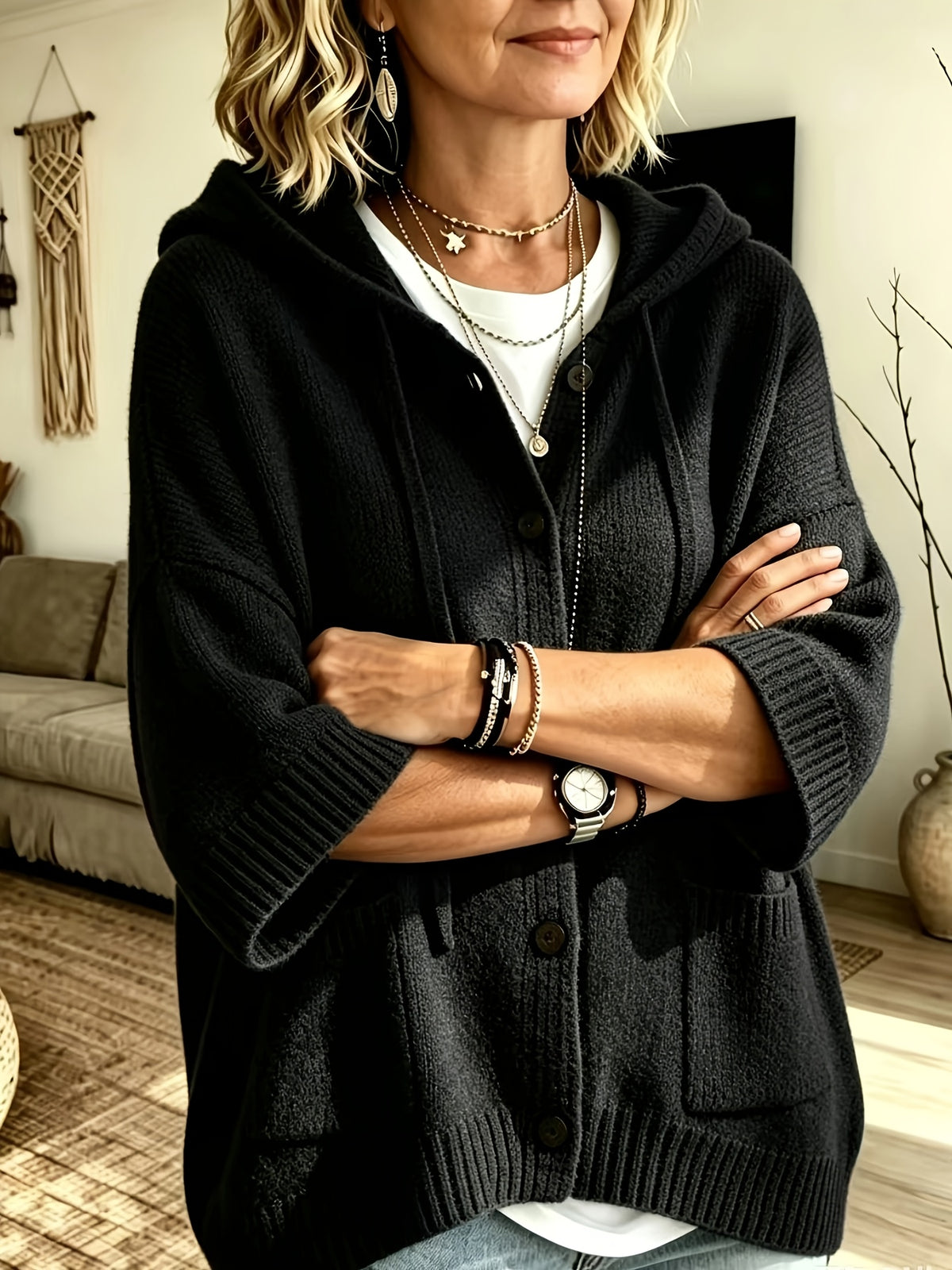 Elegant Casual Pocket Cardigan for Women - Black